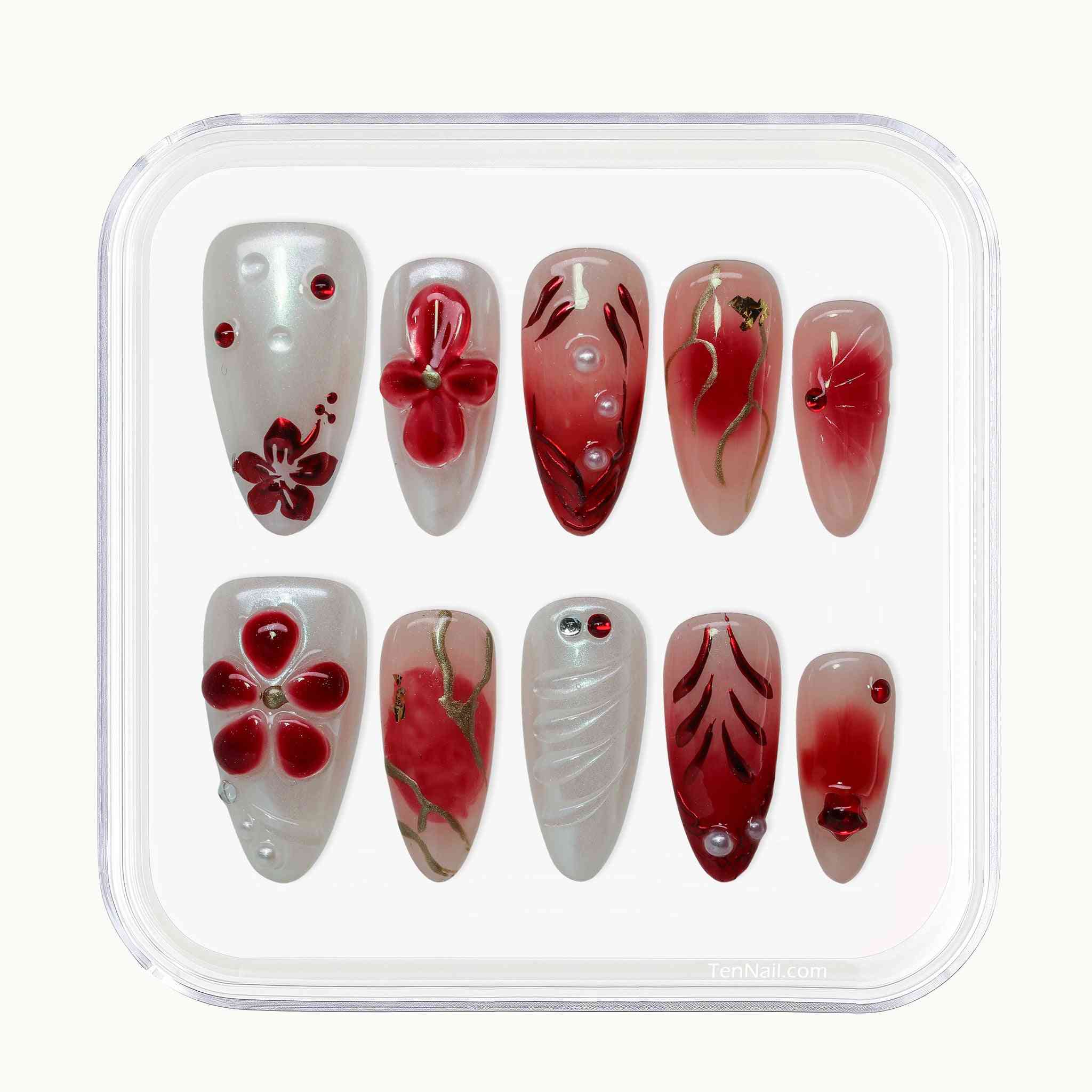 Set of red and white nail art designs, Crimson Bloom press on Nails with hand-painted red florals, gradients, rhinestone accents by Tennail—elegant press-on nails for a vibrant look, easy to apply and long-wearing.